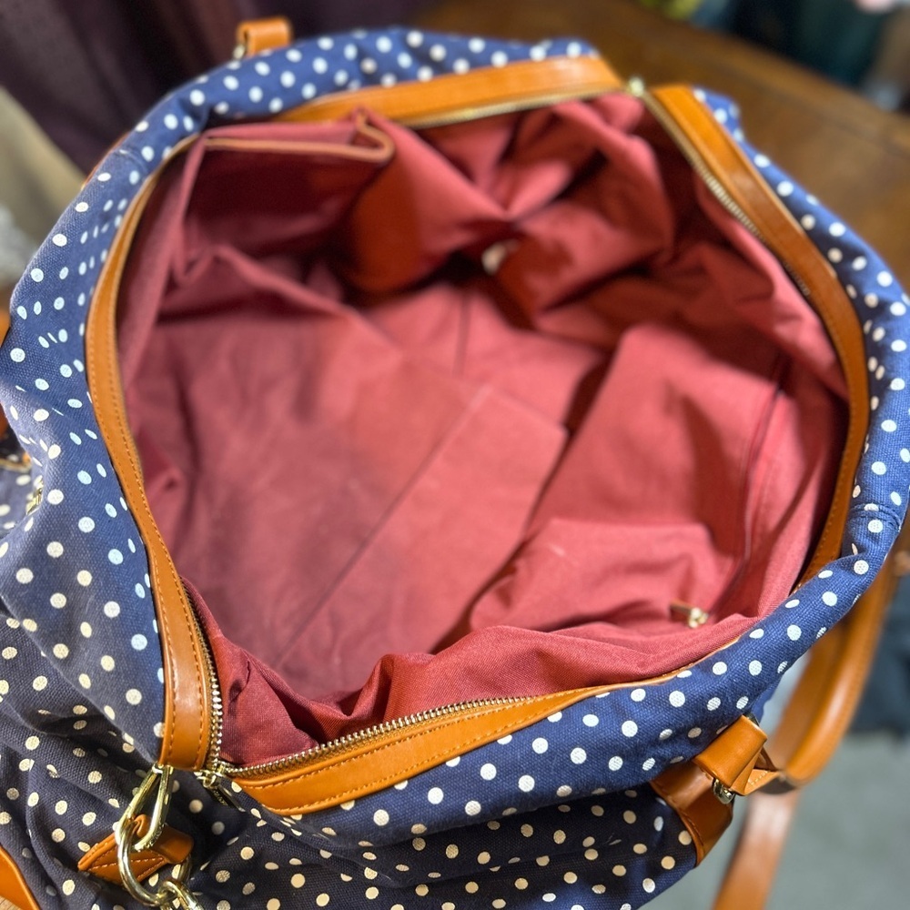 Stylish Navy Polka Dot Travel Bag with Tan Details​ - Picture 8 of 12